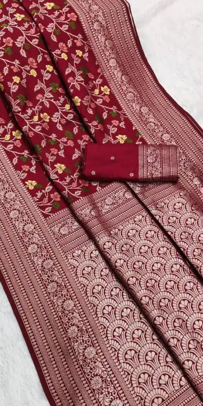 MB 96 Red Color Khaddi Pashmina with Zari Work & Lace Work Saree . Now at just ₹1999. Delivery 4-6 Working Days. Shop now. | Creative Sarees, Embroidered Sarees, Bollywood Sarees, Designer Sarees, Ethnic Saree, Modern Digital sarees, Party Wear Sarees, Sarees