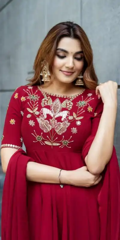 NSR 873 Red Roman Simmer Silk With Fency Neck And Fecny Sleeve Gown with Embroidery Work. Best Price ₹2049. Delivery 4-6 Working Days. Shop now. | Bollywood Gowns, Creative Gowns, Designer Gowns, Embroidered Gowns, Gowns, Party Wear Gowns