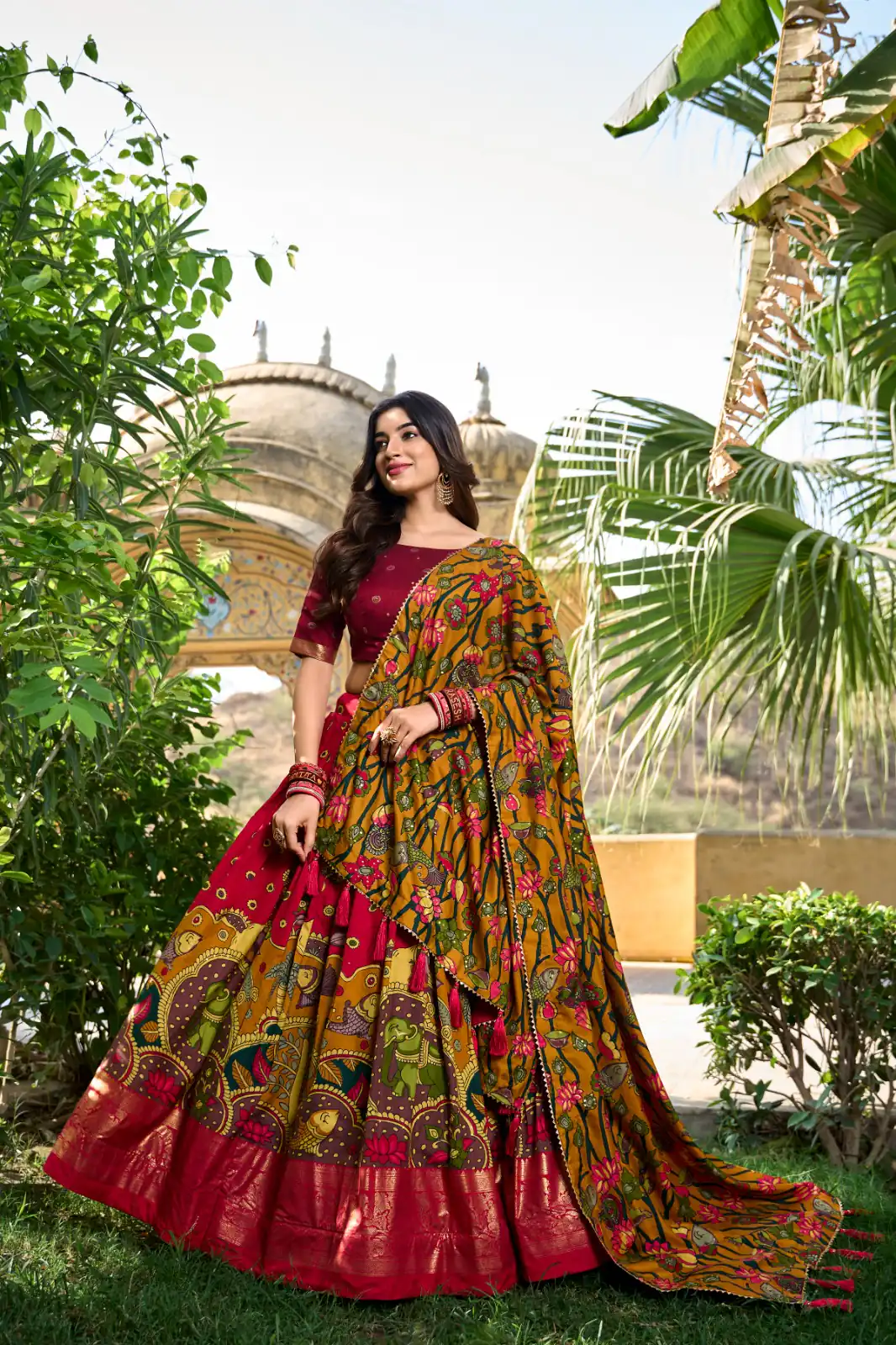 LNB 1219 Red Tasar Silk With Gotta Patti Work & Kalamkari Print Lehenga Choli . Best Price ₹2449. Delivery 4-6 Working Days. Shop now. | Creative Lehenga, Bollywood Lehenga, Designer Lehenga, Embroidered Lehenga, Lehenga, Party Wear Lehenga