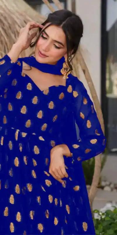 VLM 299 Royal Blue Faux Georgette With Embroidery Work Gown Perfect for Wedding, Party, Ethnic Day, Housewarming, Cultural Events At 2099/-Only | Bollywood Gowns, Creative Gowns, Designer Gowns, Embroidered Gowns, Gowns, Party Wear Gowns