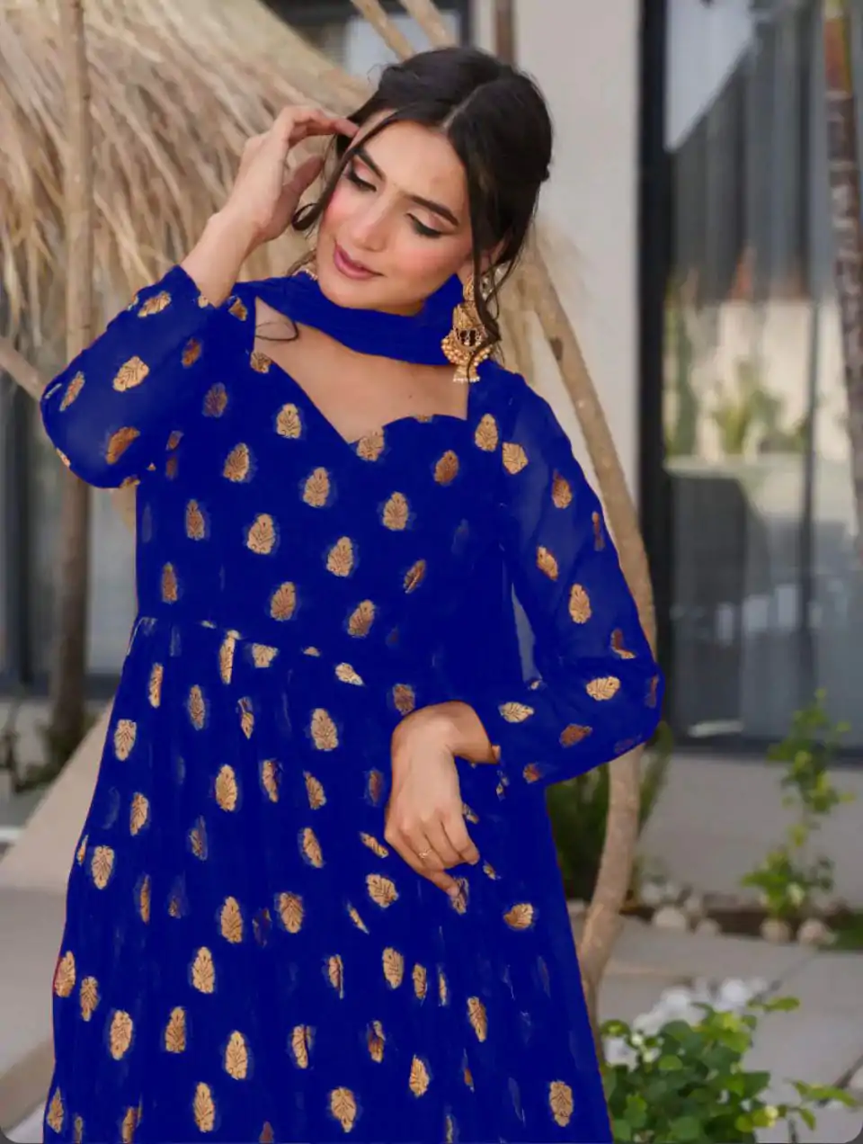 VLM 299 Royal Blue Faux Georgette With Embroidery Work Gown Perfect for Wedding, Party, Ethnic Day, Housewarming, Cultural Events At 2099/-Only | Bollywood Gowns, Creative Gowns, Designer Gowns, Embroidered Gowns, Gowns, Party Wear Gowns