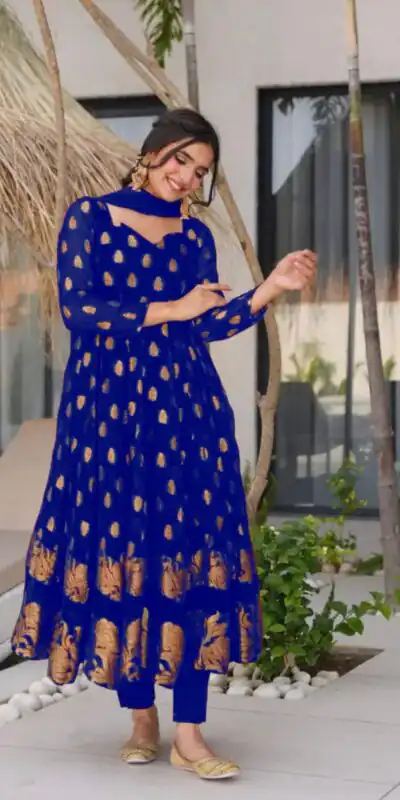 VLM 299 Royal Blue Faux Georgette With Embroidery Work Gown Perfect for Wedding, Party, Ethnic Day, Housewarming, Cultural Events At 2099/-Only | Bollywood Gowns, Creative Gowns, Designer Gowns, Embroidered Gowns, Gowns, Party Wear Gowns