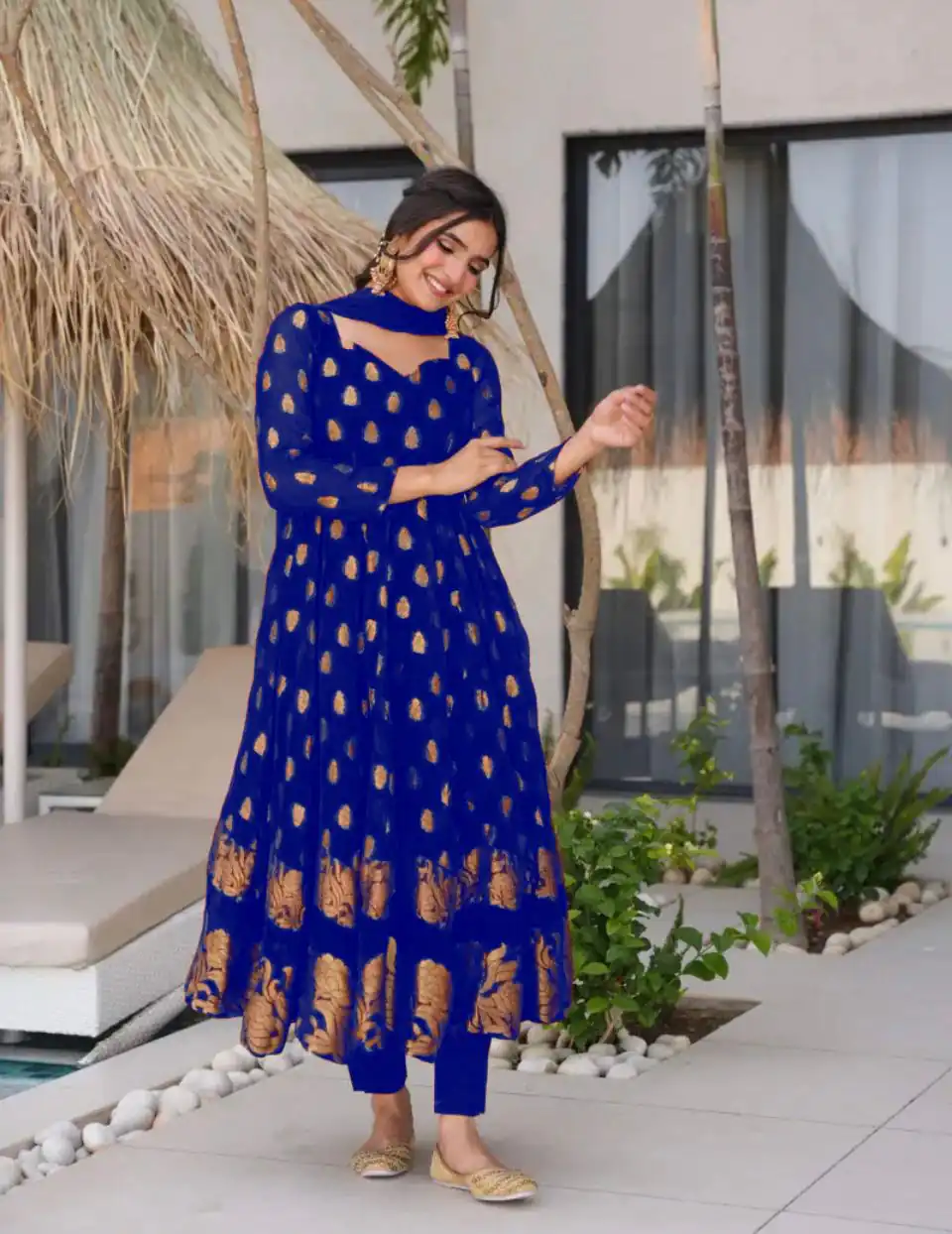 VLM 299 Royal Blue Faux Georgette With Embroidery Work Gown Perfect for Wedding, Party, Ethnic Day, Housewarming, Cultural Events At 2099/-Only | Bollywood Gowns, Creative Gowns, Designer Gowns, Embroidered Gowns, Gowns, Party Wear Gowns