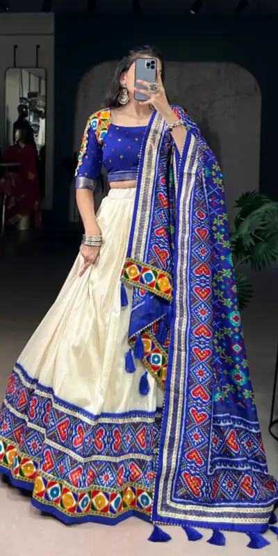 LNB 1735 Royal Blue in Tasar Silk Mirror Work & Gamthi Work Lehenga Choli . Get it for ₹2999. Delivery 4-6 Working Days. Shop now. | Creative Lehenga, Bollywood Lehenga, Designer Lehenga, Embroidered Lehenga, Lehenga, Party Wear Lehenga