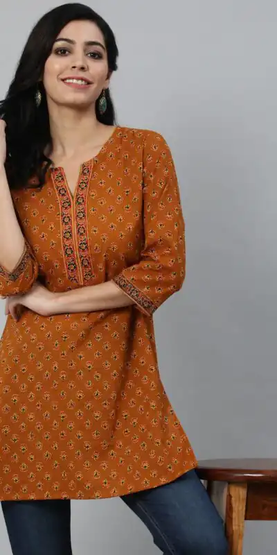 INLI Blush 2.0 Rust Cotton Printed Designer Work Kurti in . Wedding, Party, Festive, Events, Special Price ₹1269. Delivery 4-6 Working Days. Shop now. | Bollywood Kurti, Creative Kurtis, Designer Kurti, Kurti, Party Wear Kurti, Selfie Kurti