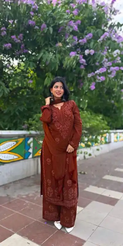 BE 394 Rust Georgette with Embroidery Work & Lace Work Salwar Suit . Available at ₹1849 only. Delivery 4-6 Working Days. Shop now. | Casual Suits, Jump Suits, Tops & Bottoms, Track Suits, Trendy Wear, Creative suits, Designer Suits, Palazzo Suits, Party Wear Suits, Patiala Suits, Salwar suit, Straight Suits