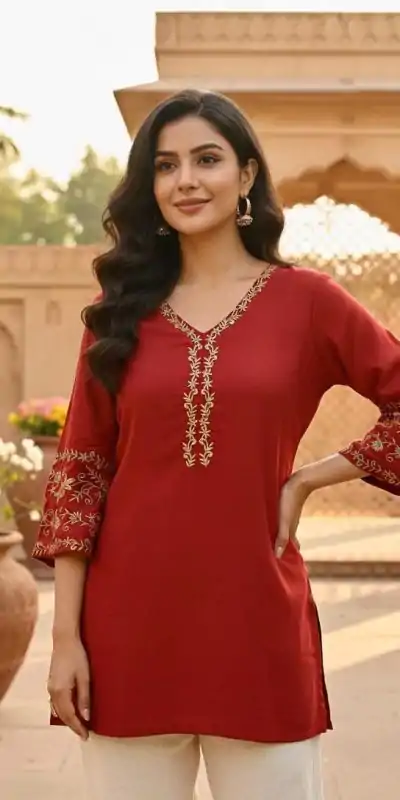 INLI Adaa 5.0 Rust Rayon with Embroidery Work Kurti .Wedding, Party, Festive, Events, Best Price ₹1349. Delivery 4-6 Working Days. Shop now. | Bollywood Kurti, Creative Kurtis, Designer Kurti, Kurti, Party Wear Kurti, Selfie Kurti