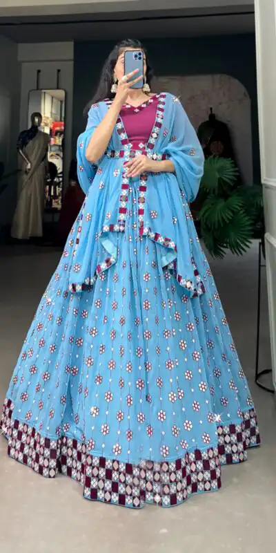 Choli LNB 1733 Sky Blue Georgette Mirror Work & Embroidery Work Lehenga in . Now at just ₹1999. Delivery 4-6 Working Days. Shop now. | Creative Lehenga, Bollywood Lehenga, Designer Lehenga, Embroidered Lehenga, Lehenga, Party Wear Lehenga