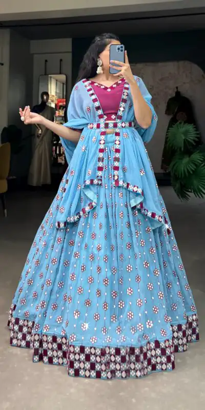 Choli LNB 1733 Sky Blue Georgette Mirror Work & Embroidery Work Lehenga in . Now at just ₹1999. Delivery 4-6 Working Days. Shop now. | Creative Lehenga, Bollywood Lehenga, Designer Lehenga, Embroidered Lehenga, Lehenga, Party Wear Lehenga