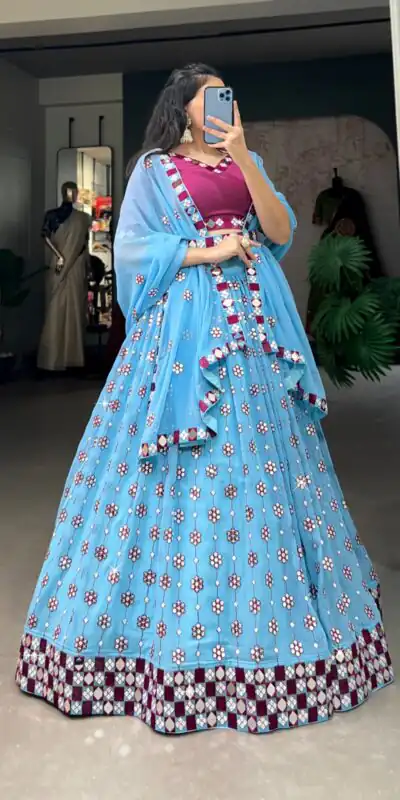 Choli LNB 1733 Sky Blue Georgette Mirror Work & Embroidery Work Lehenga in . Now at just ₹1999. Delivery 4-6 Working Days. Shop now. | Creative Lehenga, Bollywood Lehenga, Designer Lehenga, Embroidered Lehenga, Lehenga, Party Wear Lehenga