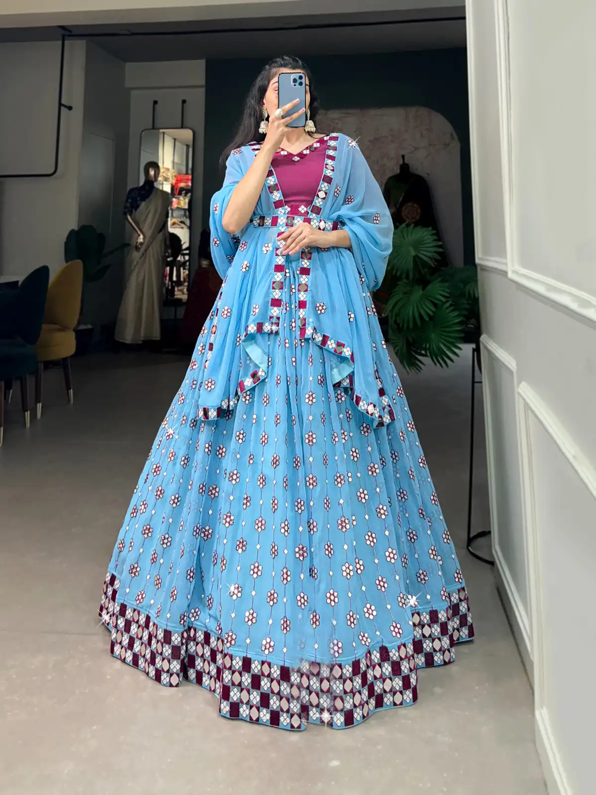 Choli LNB 1733 Sky Blue Georgette Mirror Work & Embroidery Work Lehenga in . Now at just ₹1999. Delivery 4-6 Working Days. Shop now. | Creative Lehenga, Bollywood Lehenga, Designer Lehenga, Embroidered Lehenga, Lehenga, Party Wear Lehenga