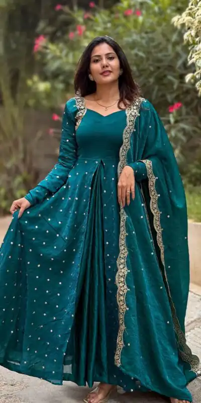 SSR 516 Teal Heavy Fandy Silk With Embroidery sequence Work Gown Perfect for Wedding, Party, Onam, Makar Sankranti, Traditional Day Special Price ₹ 2149 | Bollywood Gowns, Creative Gowns, Designer Gowns, Embroidered Gowns, Gowns, Party Wear Gowns