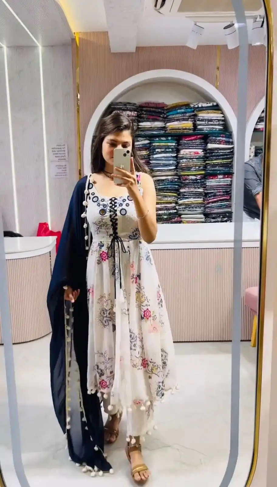 ZSR 3147 White Georgette Butti With Digital Print And Mirror Work Perfect for Wedding, Party, Engagement, Holi, Cultural Events 2099/- only | Bollywood Gowns, Creative Gowns, Designer Gowns, Embroidered Gowns, Gowns, Party Wear Gowns