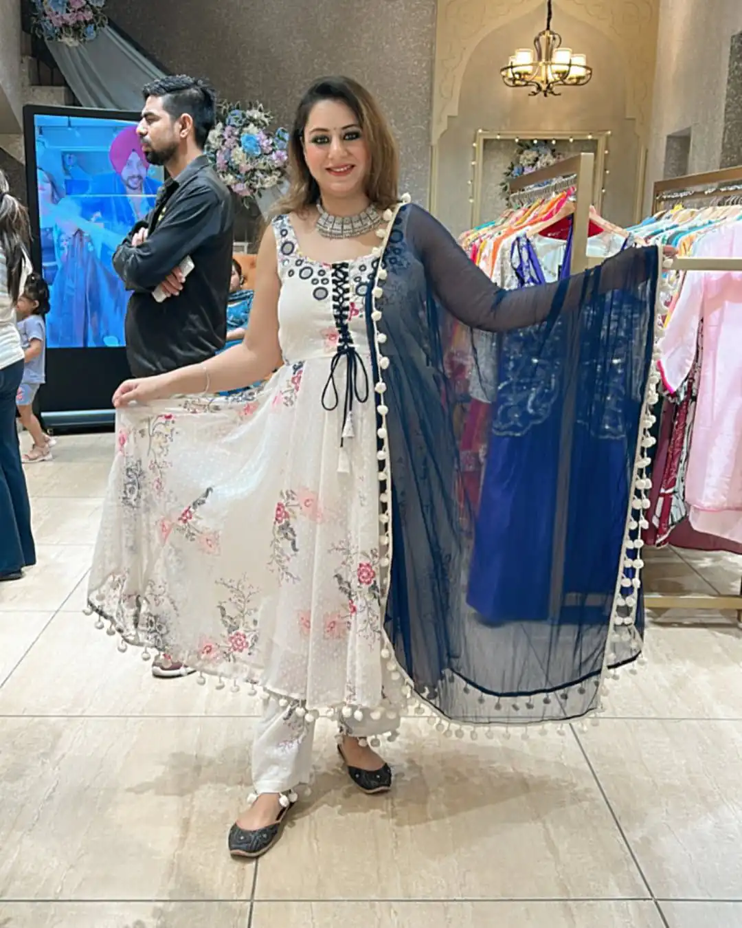 ZSR 3147 White Georgette Butti With Digital Print And Mirror Work Perfect for Wedding, Party, Engagement, Holi, Cultural Events 2099/- only | Bollywood Gowns, Creative Gowns, Designer Gowns, Embroidered Gowns, Gowns, Party Wear Gowns