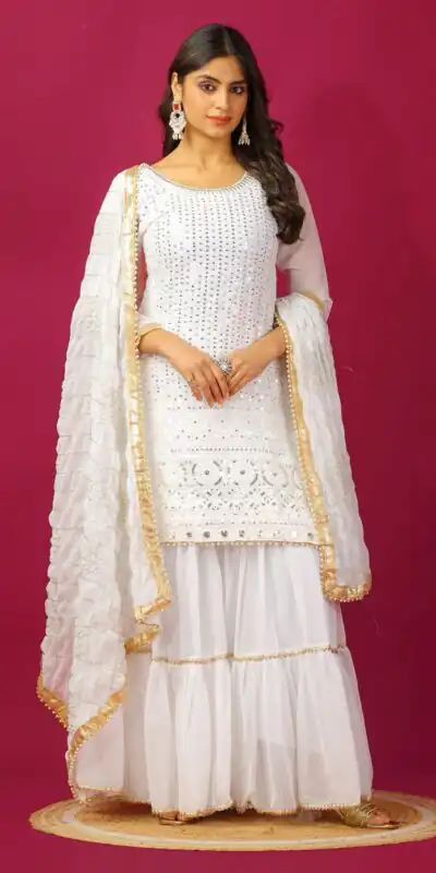 SR 1671 White Georgette Salwar Suit Perfect for Wedding, Party, Cultural Events, Temple Visit, Lohri Now at just ₹1799. Delivery 4-6 Working Days. | Casual Suits, Jump Suits, Tops & Bottoms, Track Suits, Trendy Wear, Creative suits, Designer Suits, Palazzo Suits, Party Wear Suits, Patiala Suits, Salwar suit, Straight Suits