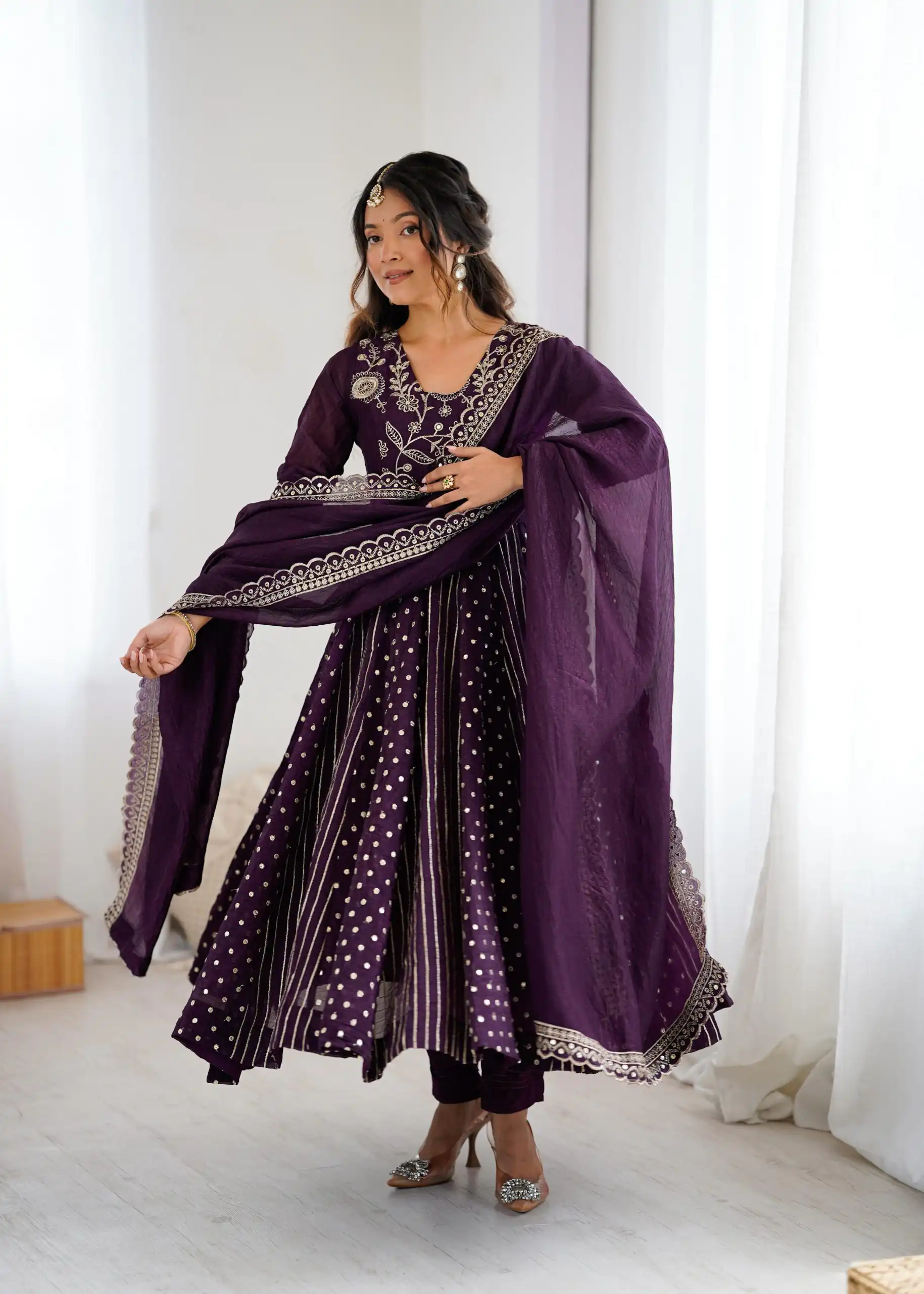SRK 5293 Wine With Crunchy Silk With Fully Flair with Lace Work & Embroidery Work Anarkali Gown . Introductory Price ₹2149. Delivery 4-6 Worki | Bollywood Gowns, Creative Gowns, Designer Gowns, Embroidered Gowns, Gowns, Party Wear Gowns