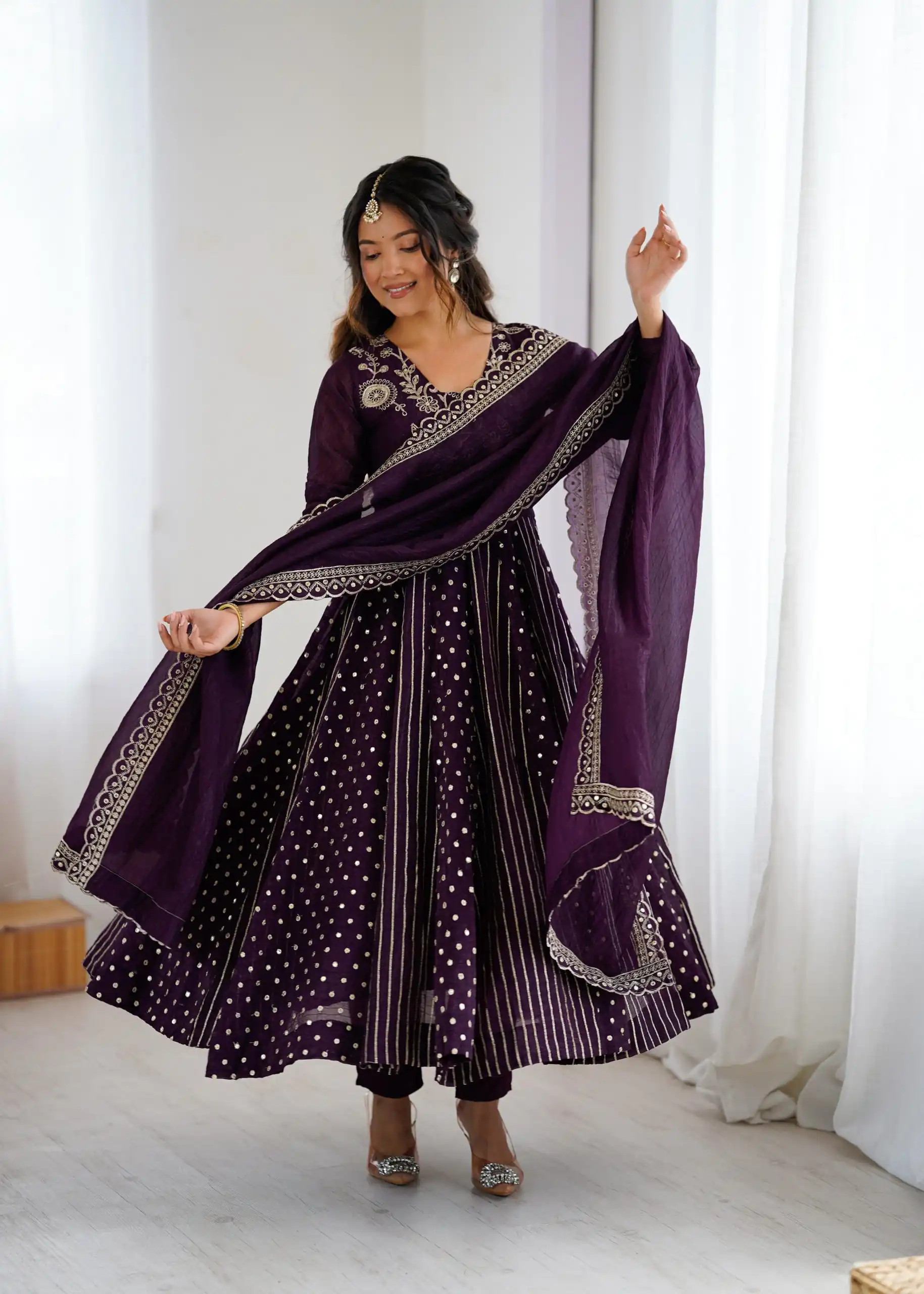 SRK 5293 Wine With Crunchy Silk With Fully Flair with Lace Work & Embroidery Work Anarkali Gown . Introductory Price ₹2149. Delivery 4-6 Worki | Bollywood Gowns, Creative Gowns, Designer Gowns, Embroidered Gowns, Gowns, Party Wear Gowns