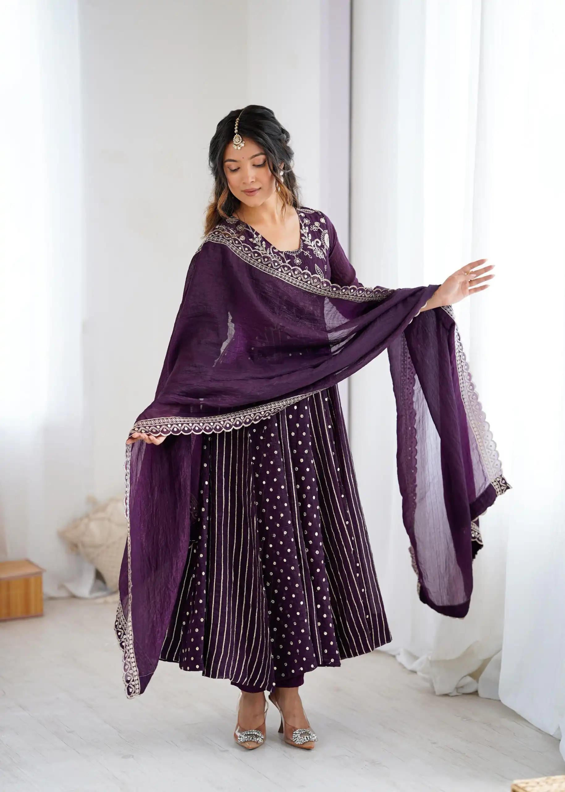 SRK 5293 Wine With Crunchy Silk With Fully Flair with Lace Work & Embroidery Work Anarkali Gown . Introductory Price ₹2149. Delivery 4-6 Worki | Bollywood Gowns, Creative Gowns, Designer Gowns, Embroidered Gowns, Gowns, Party Wear Gowns