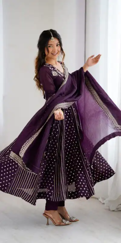 SRK 5293 Wine With Crunchy Silk With Fully Flair with Lace Work & Embroidery Work Anarkali Gown . Introductory Price ₹2149. Delivery 4-6 Worki | Bollywood Gowns, Creative Gowns, Designer Gowns, Embroidered Gowns, Gowns, Party Wear Gowns