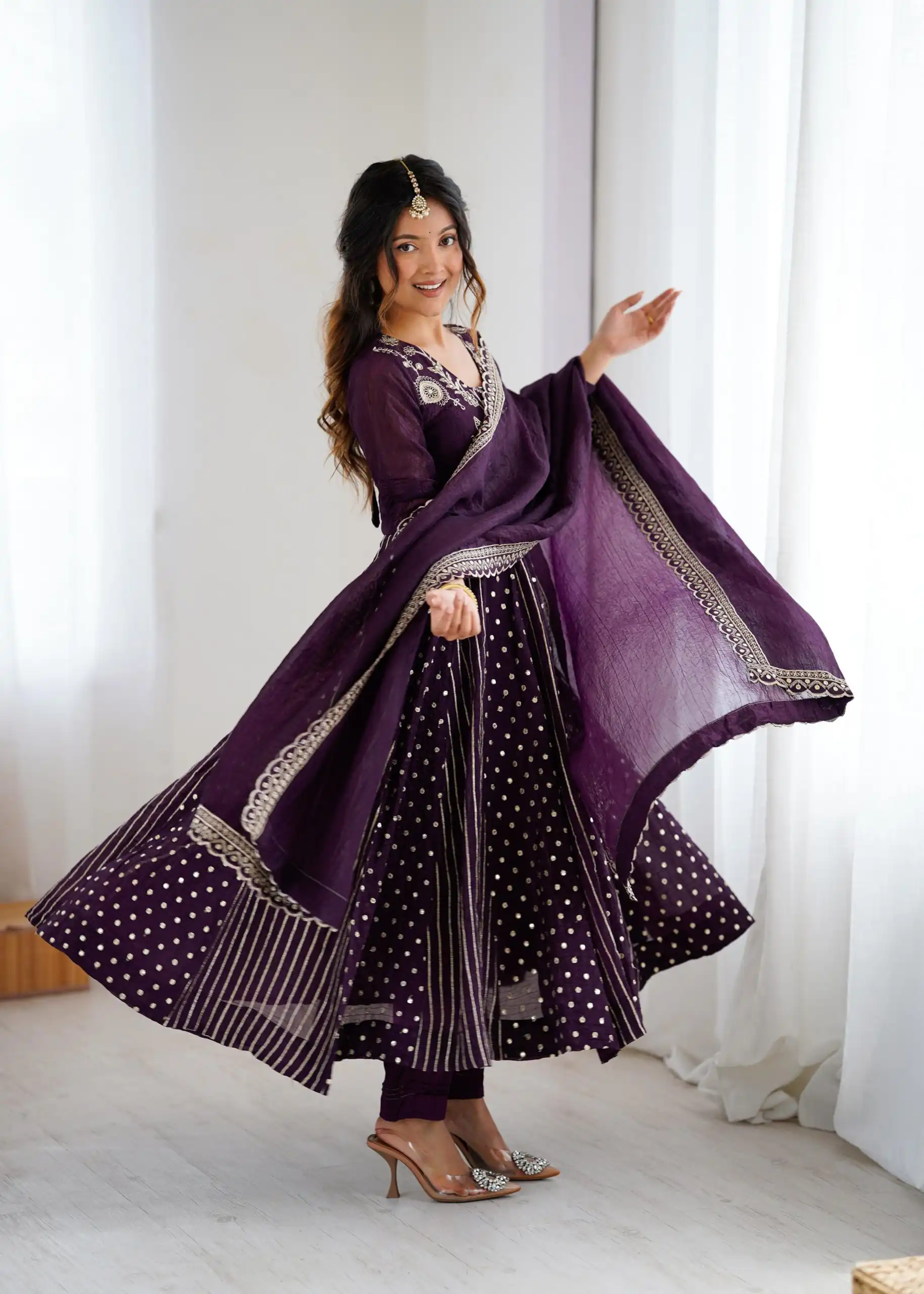 SRK 5293 Wine With Crunchy Silk With Fully Flair with Lace Work & Embroidery Work Anarkali Gown . Introductory Price ₹2149. Delivery 4-6 Worki | Bollywood Gowns, Creative Gowns, Designer Gowns, Embroidered Gowns, Gowns, Party Wear Gowns