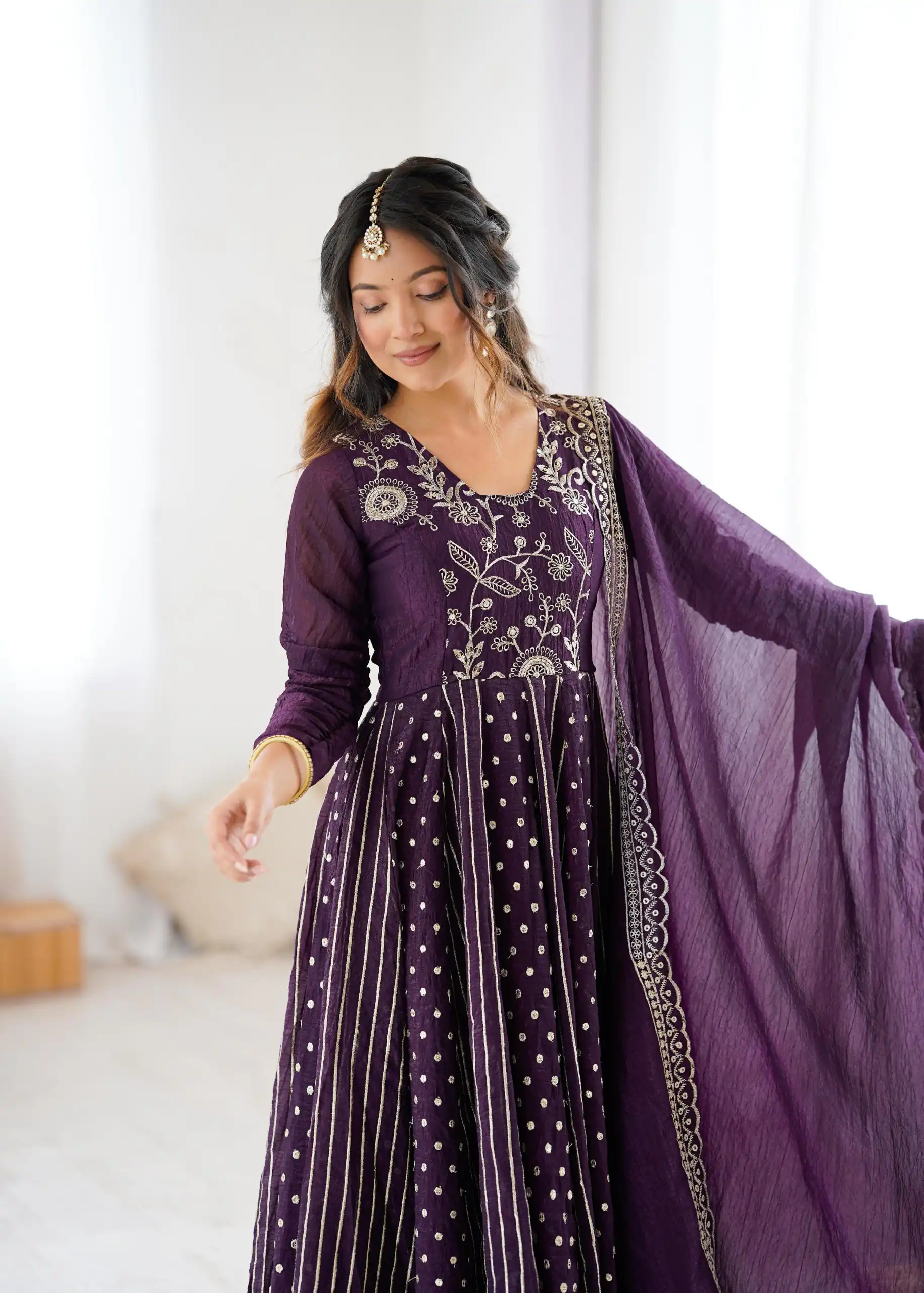 SRK 5293 Wine With Crunchy Silk With Fully Flair with Lace Work & Embroidery Work Anarkali Gown . Introductory Price ₹2149. Delivery 4-6 Worki | Bollywood Gowns, Creative Gowns, Designer Gowns, Embroidered Gowns, Gowns, Party Wear Gowns