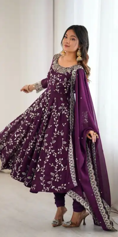 SRK 5299 Wine Georgette With Sequence Work Perfect for Wedding, Party, Lohri, Temple Visit, Ganesh Chaturthi Festive, Events, 4-6 Working Days At 2149 | Bollywood Gowns, Creative Gowns, Designer Gowns, Embroidered Gowns, Gowns, Party Wear Gowns