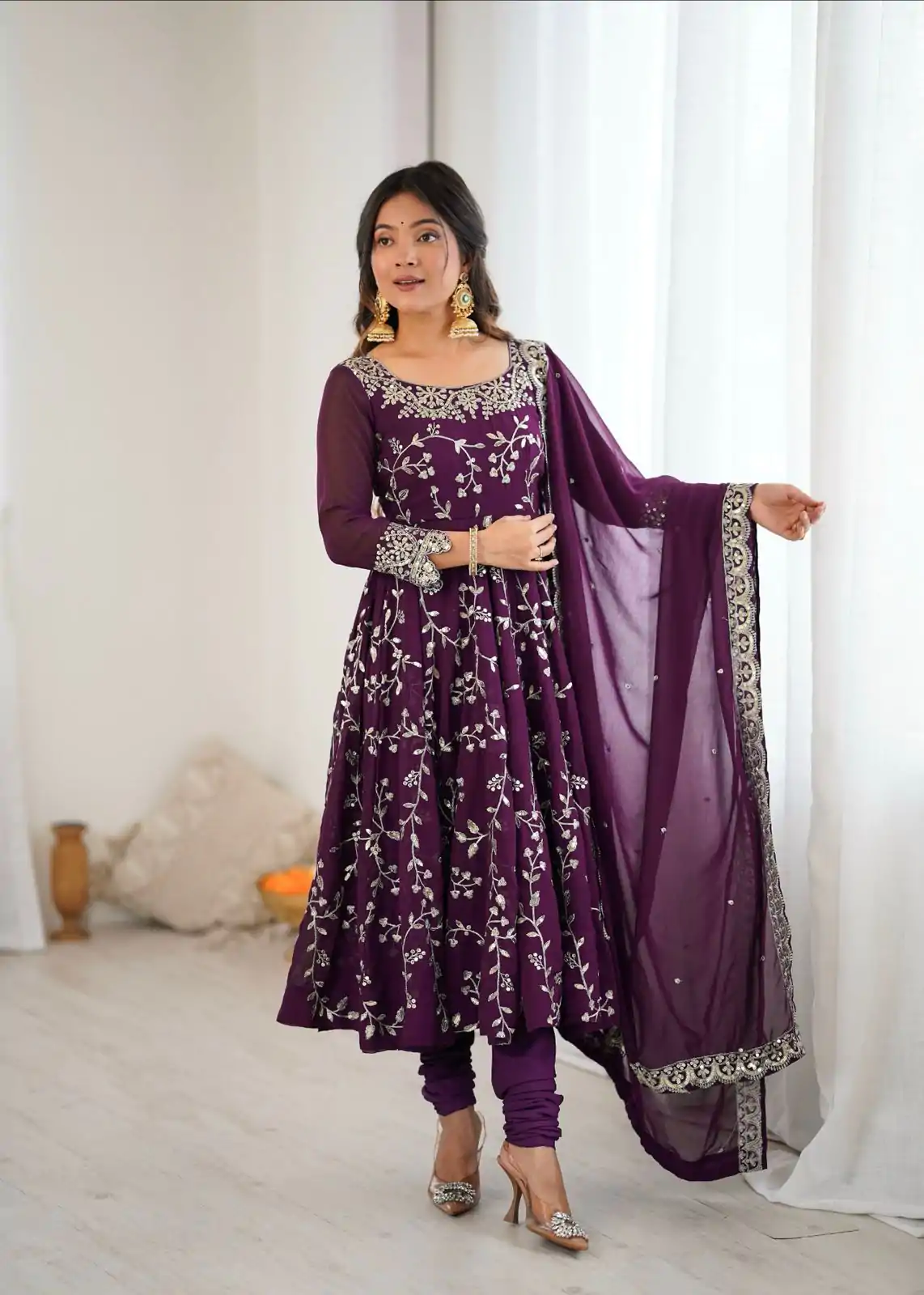 SRK 5299 Wine Georgette With Sequence Work Perfect for Wedding, Party, Lohri, Temple Visit, Ganesh Chaturthi Festive, Events, 4-6 Working Days At 2149 | Bollywood Gowns, Creative Gowns, Designer Gowns, Embroidered Gowns, Gowns, Party Wear Gowns