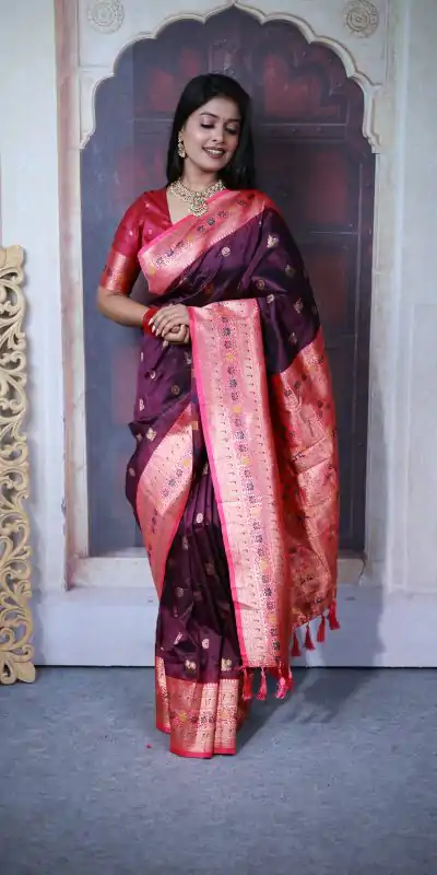 MB 18 Wine Paithani Ajanta Lotus Saree Perfect for Wedding, Party, Lohri, Durga Puja, Eid – . Get it for ₹2449. Delivery 4-6 Working Days. Shop now. | Creative Sarees, Embroidered Sarees, Bollywood Sarees, Designer Sarees, Ethnic Saree, Modern Digital sarees, Party Wear Sarees, Sarees