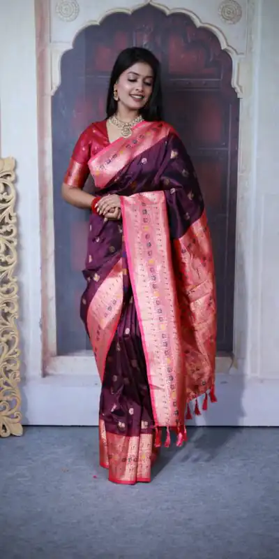 MB 18 Wine Paithani Ajanta Lotus Saree Perfect for Wedding, Party, Lohri, Durga Puja, Eid – . Get it for ₹2449. Delivery 4-6 Working Days. Shop now. | Creative Sarees, Embroidered Sarees, Bollywood Sarees, Designer Sarees, Ethnic Saree, Modern Digital sarees, Party Wear Sarees, Sarees