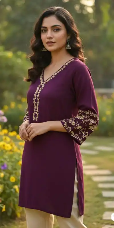 INLI Adaa 5.0 Wine Rayon with Embroidery Work Kurti .Wedding, Party, Festive, Events, Best Price ₹1349. Delivery 4-6 Working Days. Shop now. | Bollywood Kurti, Creative Kurtis, Designer Kurti, Kurti, Party Wear Kurti, Selfie Kurti