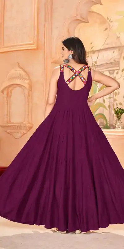 INLI Ghumati Wine Color Heavy Rayon with Lace Work & Gamthi Work Gown . Get it for ₹1749. Delivery 4-6 Working Days. Shop now. | Bollywood Gowns, Creative Gowns, Designer Gowns, Embroidered Gowns, Gowns, Party Wear Gowns