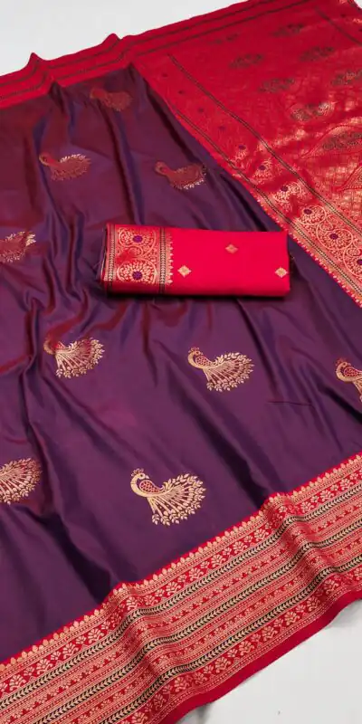 MB Morni Wine in Soft Silk Zari Work & Lace Work Saree . Wedding, Party, Festive, Events, Grab it for ₹2099. Delivery 4-6 Working Days. Shop now. | Creative Sarees, Embroidered Sarees, Bollywood Sarees, Designer Sarees, Ethnic Saree, Modern Digital sarees, Party Wear Sarees, Sarees