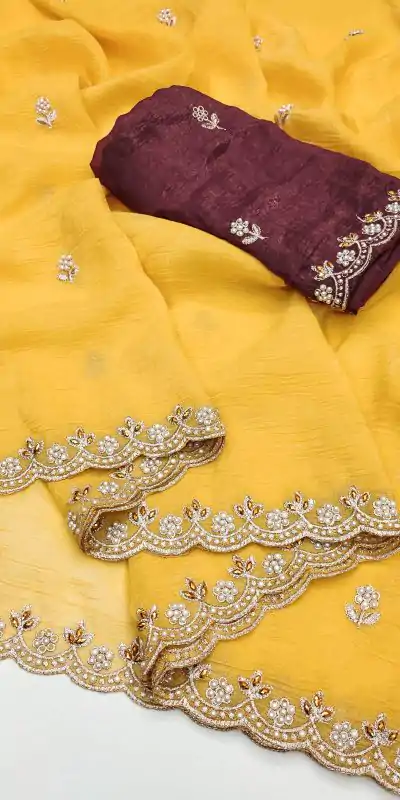 BT 1267 Yellow in Crunchy Chiffon Embroidery Work Saree . Wedding, Party, Festive, Events, Exclusive Offer ₹1749. Delivery 4-6 Working Days. Shop now. | Creative Sarees, Embroidered Sarees, Bollywood Sarees, Designer Sarees, Ethnic Saree, Modern Digital sarees, Party Wear Sarees, Sarees