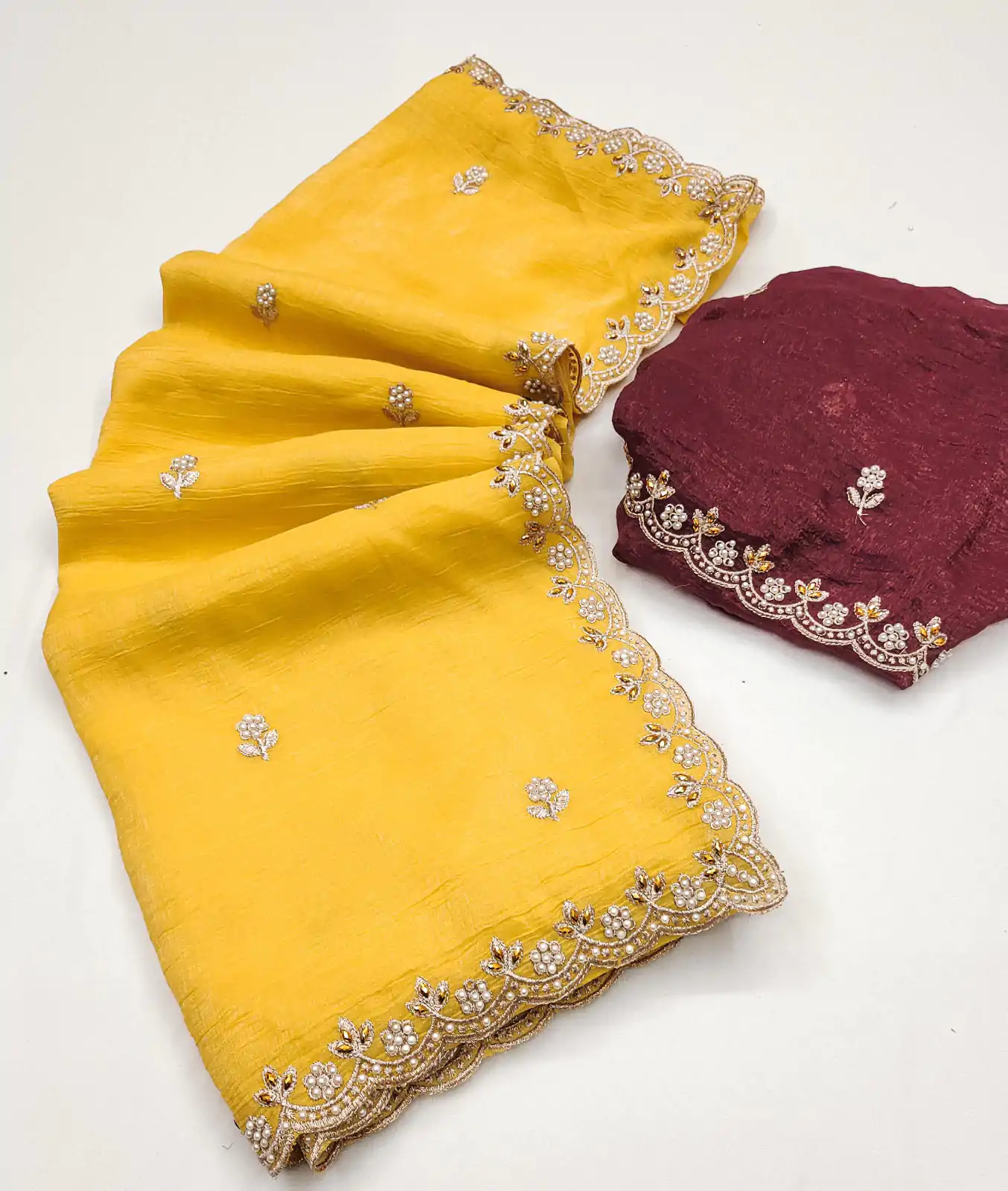 BT 1267 Yellow in Crunchy Chiffon Embroidery Work Saree . Wedding, Party, Festive, Events, Exclusive Offer ₹1749. Delivery 4-6 Working Days. Shop now. | Creative Sarees, Embroidered Sarees, Bollywood Sarees, Designer Sarees, Ethnic Saree, Modern Digital sarees, Party Wear Sarees, Sarees