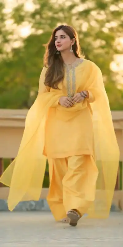 SRK 5252 Yellow Faux Georgette Embroidery Work & Bead Work Salwar Suit . Wedding, Party, Festive, Events, Now at just ₹1499 | Casual Suits, Jump Suits, Creative suits, Designer Suits, Palazzo Suits, Party Wear Suits, Patiala Suits, Salwar suit, Straight Suits