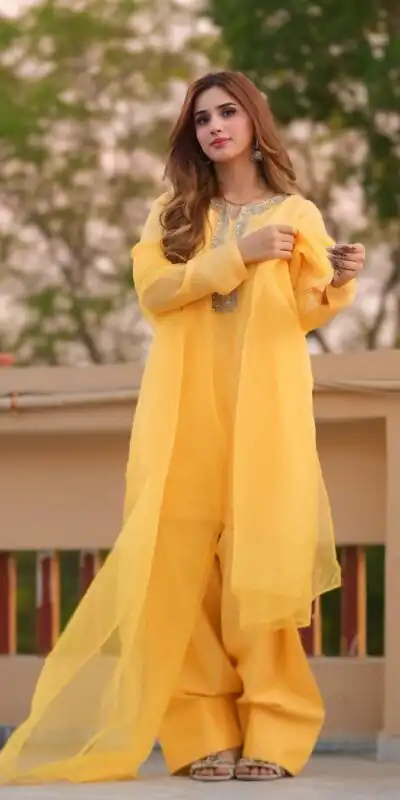 SRK 5252 Yellow Faux Georgette Embroidery Work & Bead Work Salwar Suit . Wedding, Party, Festive, Events, Now at just ₹1499 | Casual Suits, Jump Suits, Creative suits, Designer Suits, Palazzo Suits, Party Wear Suits, Patiala Suits, Salwar suit, Straight Suits