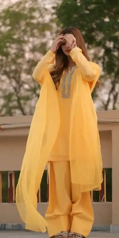 SRK 5252 Yellow Faux Georgette Embroidery Work & Bead Work Salwar Suit . Wedding, Party, Festive, Events, Now at just ₹1499 | Casual Suits, Jump Suits, Creative suits, Designer Suits, Palazzo Suits, Party Wear Suits, Patiala Suits, Salwar suit, Straight Suits