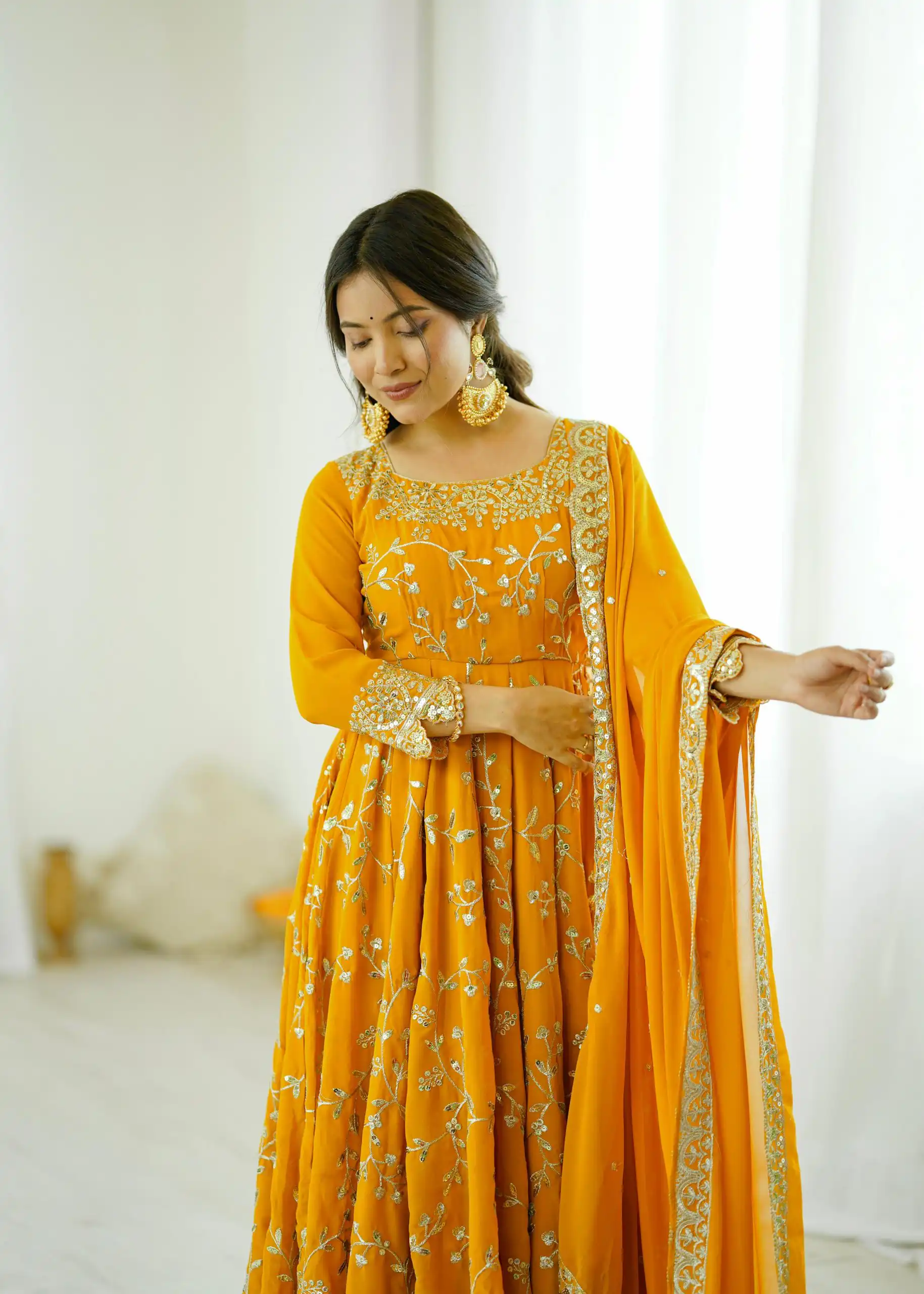 SRK 5299 Yellow Faux Georgette With Sequence Work Perfect for Wedding, Party, Temple Visit, Ganesh Chaturthi Festive, Events, 4-6 Working Days At 2149 | Bollywood Gowns, Creative Gowns, Designer Gowns, Embroidered Gowns, Gowns, Party Wear Gowns