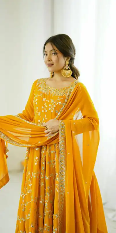 SRK 5299 Yellow Faux Georgette With Sequence Work Perfect for Wedding, Party, Temple Visit, Ganesh Chaturthi Festive, Events, 4-6 Working Days At 2149 | Bollywood Gowns, Creative Gowns, Designer Gowns, Embroidered Gowns, Gowns, Party Wear Gowns