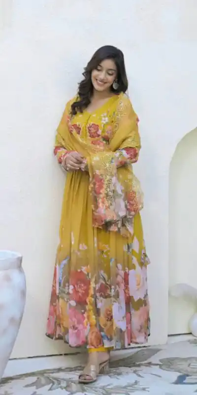 ZSR 3144 Yellow Fix Georgette With Sequence Work Digital Print Fully Flair Gown Perfect for Wedding, Party, Bridal Wear, Family Gatherings, Festival At 2049 | Bollywood Gowns, Creative Gowns, Designer Gowns, Embroidered Gowns, Gowns, Party Wear Gowns