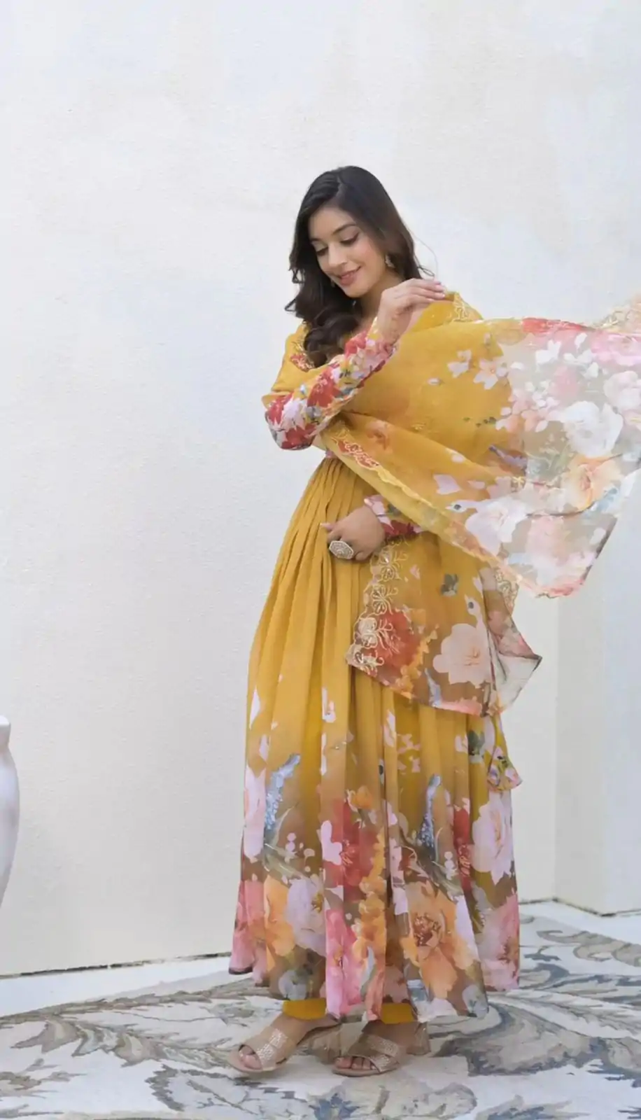 ZSR 3144 Yellow Fix Georgette With Sequence Work Digital Print Fully Flair Gown Perfect for Wedding, Party, Bridal Wear, Family Gatherings, Festival At 2049 | Bollywood Gowns, Creative Gowns, Designer Gowns, Embroidered Gowns, Gowns, Party Wear Gowns