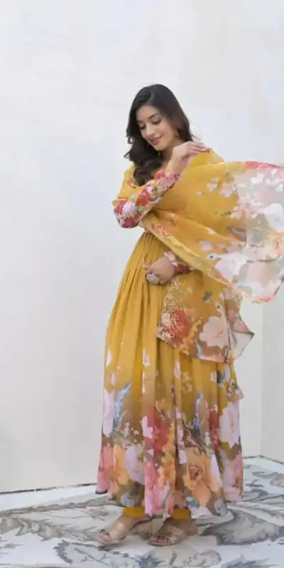 ZSR 3144 Yellow Fix Georgette With Sequence Work Digital Print Fully Flair Gown Perfect for Wedding, Party, Bridal Wear, Family Gatherings, Festival At 2049 | Bollywood Gowns, Creative Gowns, Designer Gowns, Embroidered Gowns, Gowns, Party Wear Gowns
