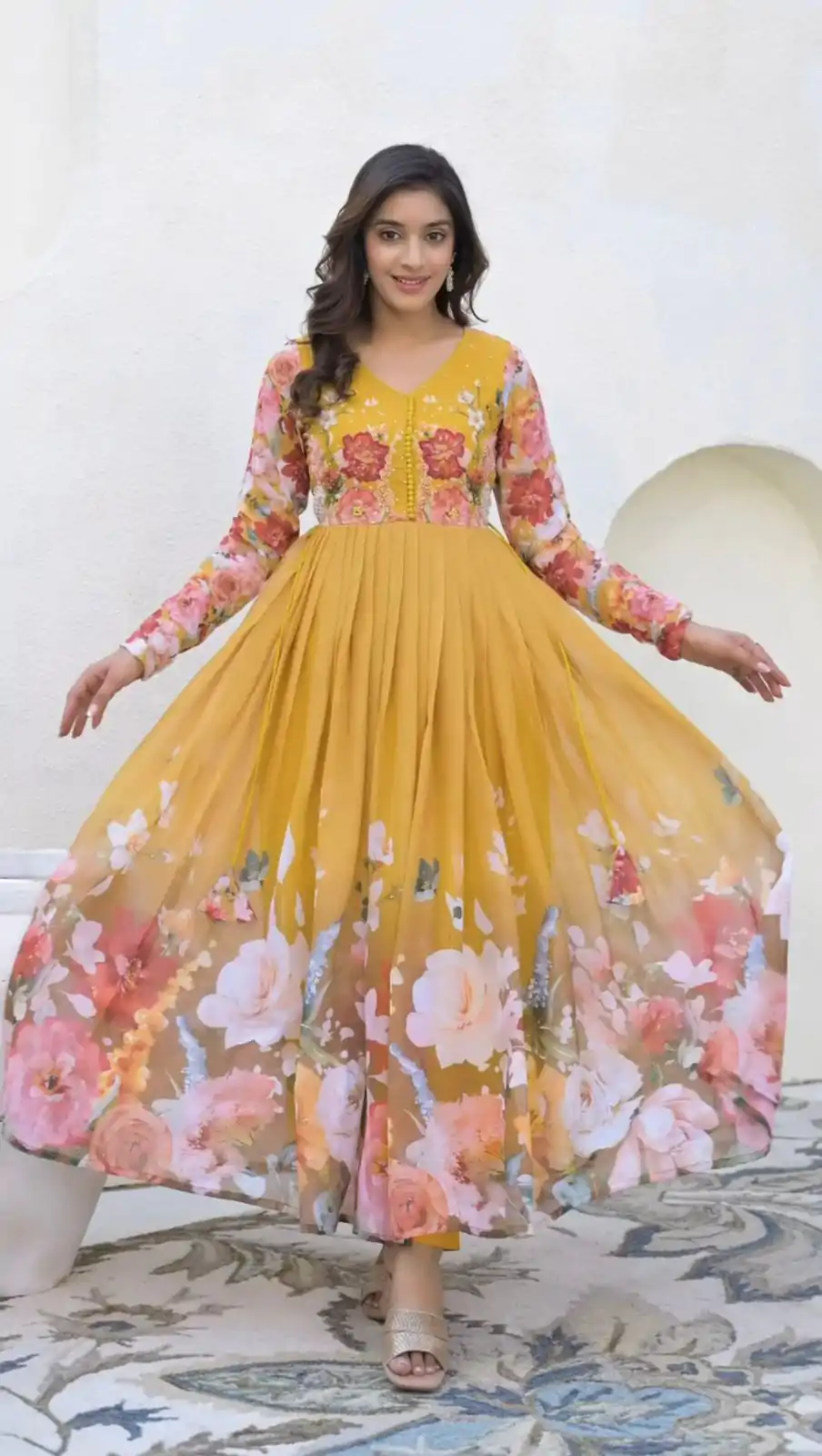 ZSR 3144 Yellow Fix Georgette With Sequence Work Digital Print Fully Flair Gown Perfect for Wedding, Party, Bridal Wear, Family Gatherings, Festival At 2049 | Bollywood Gowns, Creative Gowns, Designer Gowns, Embroidered Gowns, Gowns, Party Wear Gowns