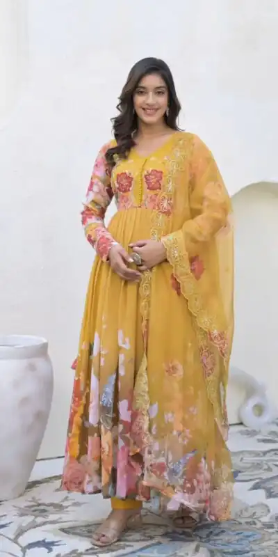 ZSR 3144 Yellow Fix Georgette With Sequence Work Digital Print Fully Flair Gown Perfect for Wedding, Party, Bridal Wear, Family Gatherings, Festival At 2049 | Bollywood Gowns, Creative Gowns, Designer Gowns, Embroidered Gowns, Gowns, Party Wear Gowns