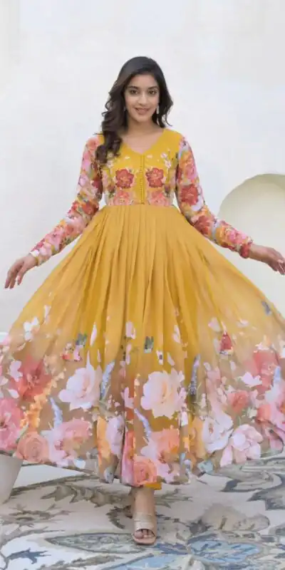 ZSR 3144 Yellow Fix Georgette With Sequence Work Digital Print Fully Flair Gown Perfect for Wedding, Party, Bridal Wear, Family Gatherings, Festival At 2049 | Bollywood Gowns, Creative Gowns, Designer Gowns, Embroidered Gowns, Gowns, Party Wear Gowns