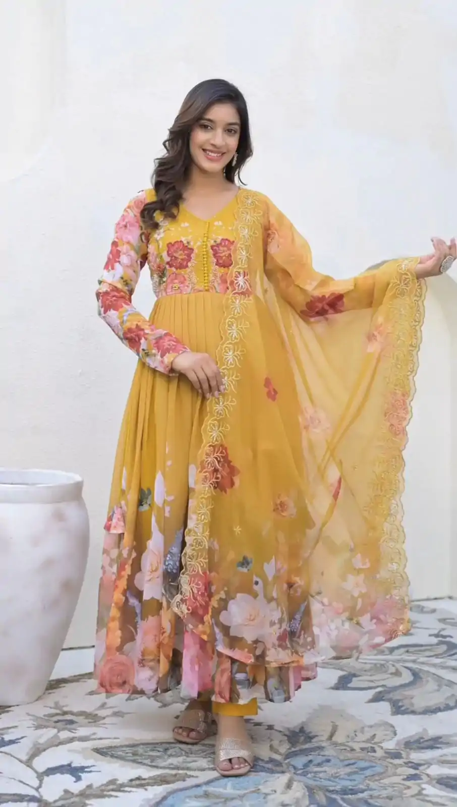 ZSR 3144 Yellow Fix Georgette With Sequence Work Digital Print Fully Flair Gown Perfect for Wedding, Party, Bridal Wear, Family Gatherings, Festival At 2049 | Bollywood Gowns, Creative Gowns, Designer Gowns, Embroidered Gowns, Gowns, Party Wear Gowns
