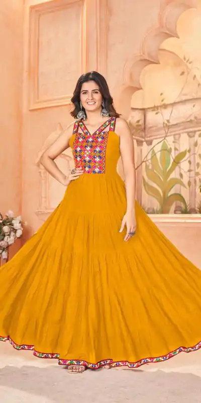 INLI Ghumati Yellow Heavy Rayon with Lace Work & Gamthi Work Gown . Get it for ₹1749. Delivery 4-6 Working Days. Shop now. | Bollywood Gowns, Creative Gowns, Designer Gowns, Embroidered Gowns, Gowns, Party Wear Gowns