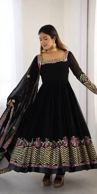 ZF 5010 Black Georgette Gown Perfect for Wedding, Party, Pooja, Ethnic Day, Karwa Chauth – . Best Price ₹2049. Delivery 4-6 Working Days. Shop now. | Casual Suits, Jump Suits, Creative suits, Designer Suits, Palazzo Suits, Party Wear Suits, Patiala Suits, Salwar suit, Straight Suits