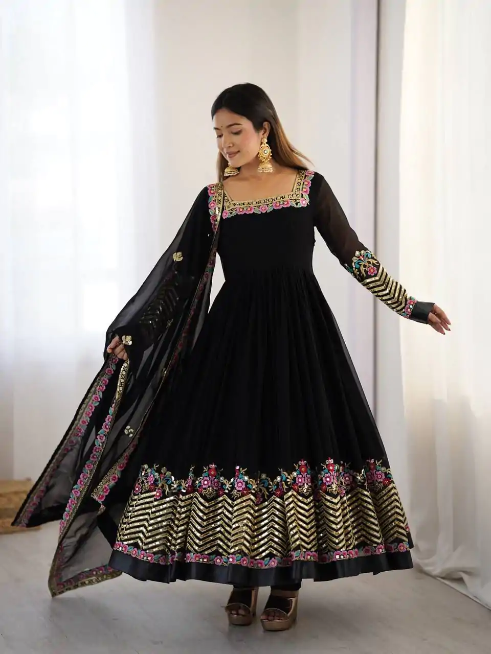 ZF 5010 Black Georgette Gown Perfect for Wedding, Party, Pooja, Ethnic Day, Karwa Chauth – . Best Price ₹2049. Delivery 4-6 Working Days. Shop now. | Casual Suits, Jump Suits, Creative suits, Designer Suits, Palazzo Suits, Party Wear Suits, Patiala Suits, Salwar suit, Straight Suits