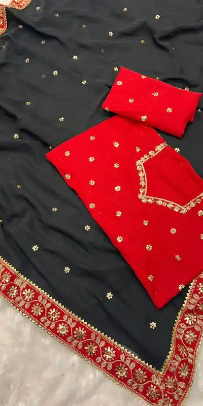 BT 394 Black Color Georgette Saree with Zari Work. Wedding, Party, Festive, Events, Grab it for ₹1774. Delivery 4-6 Working Days. Shop now. | Creative Sarees, Embroidered Sarees, Bollywood Sarees, Designer Sarees, Ethnic Saree, Modern Digital sarees, Party Wear Sarees, Sarees